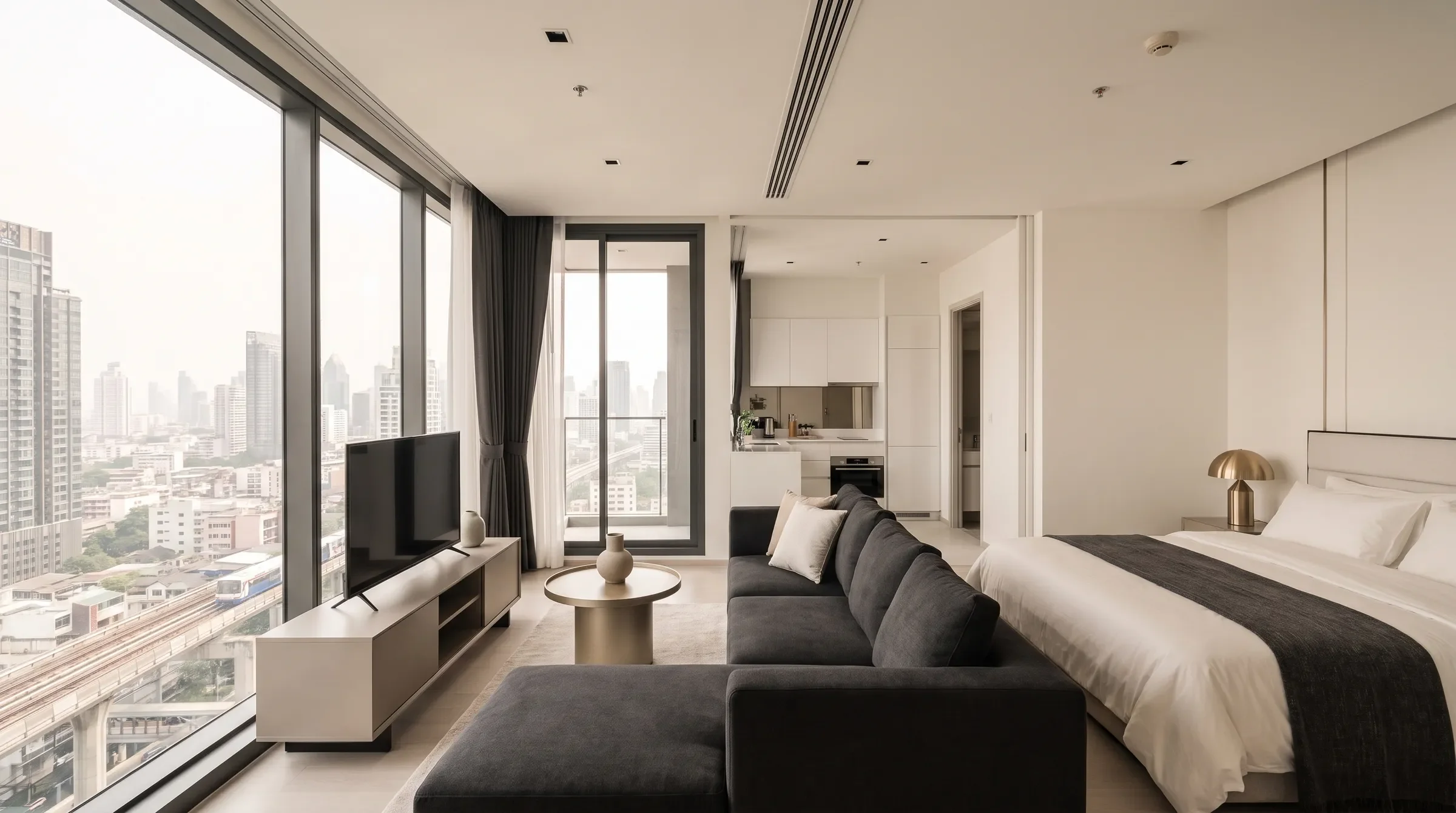 Newly furnished Bangkok condo bedroom and living area ready for rental tenants