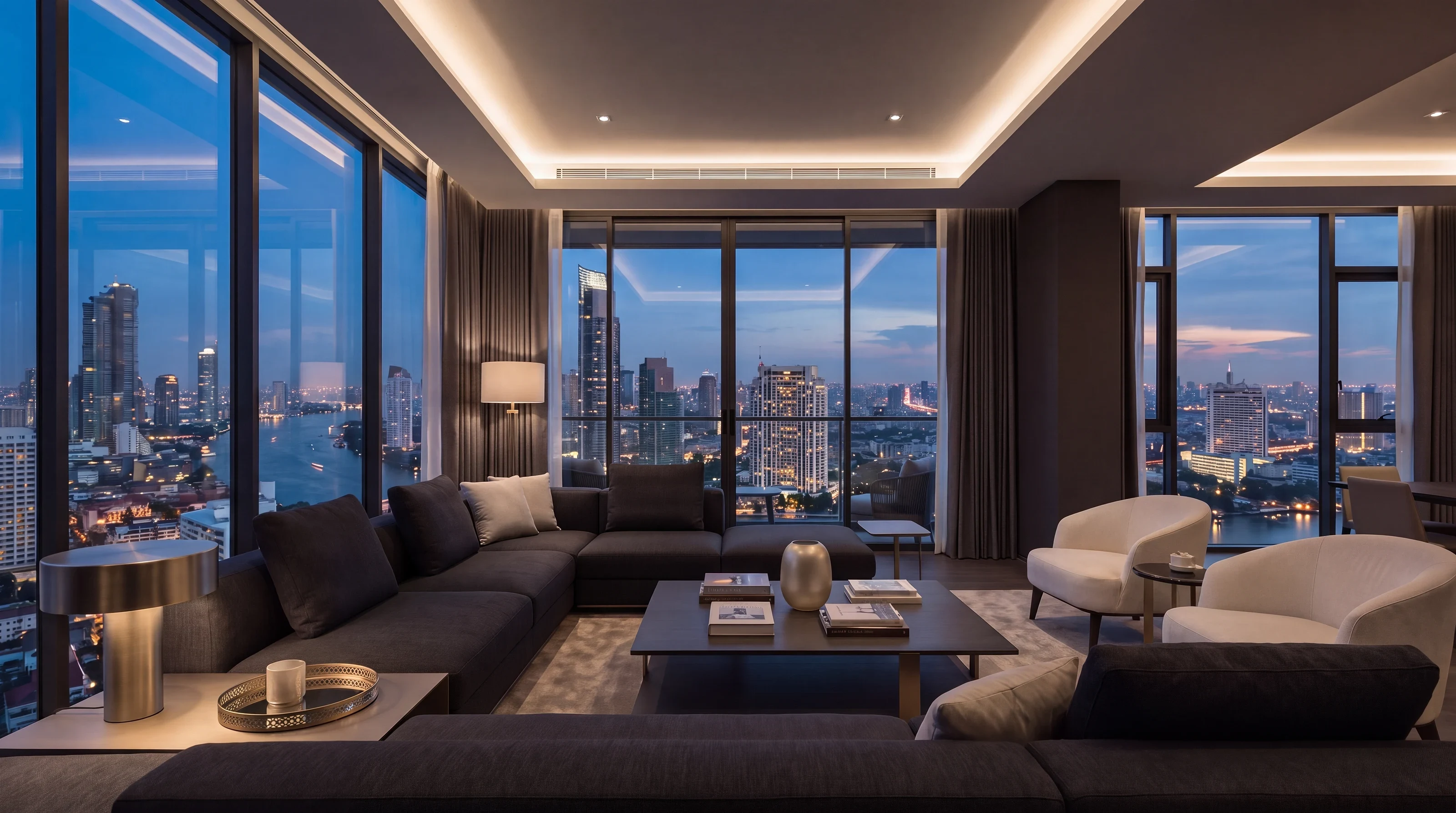 Modern furnished Bangkok condo living room overlooking the city skyline at dusk