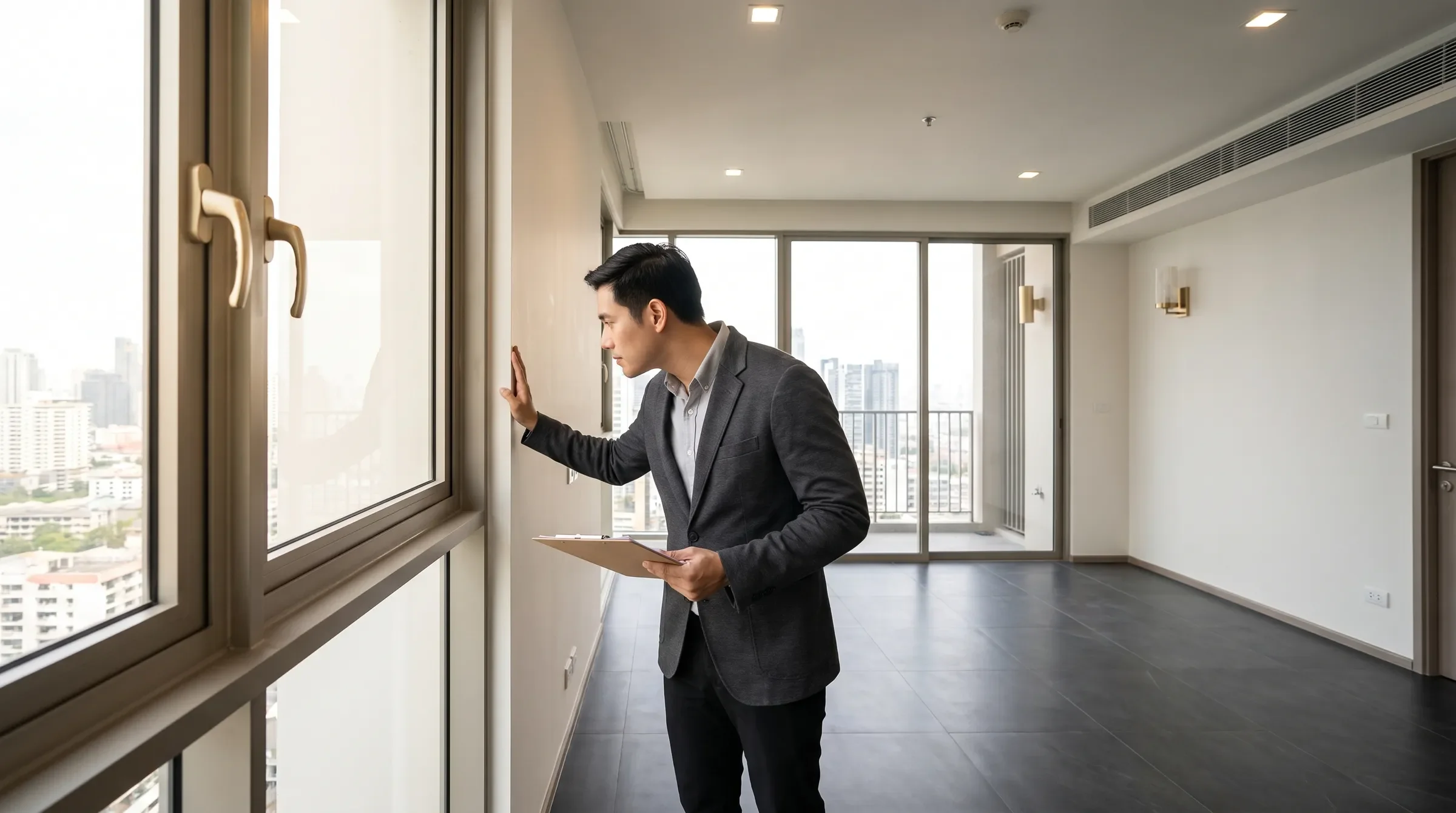 Inspector checking defects in a newly completed Bangkok condo before handover