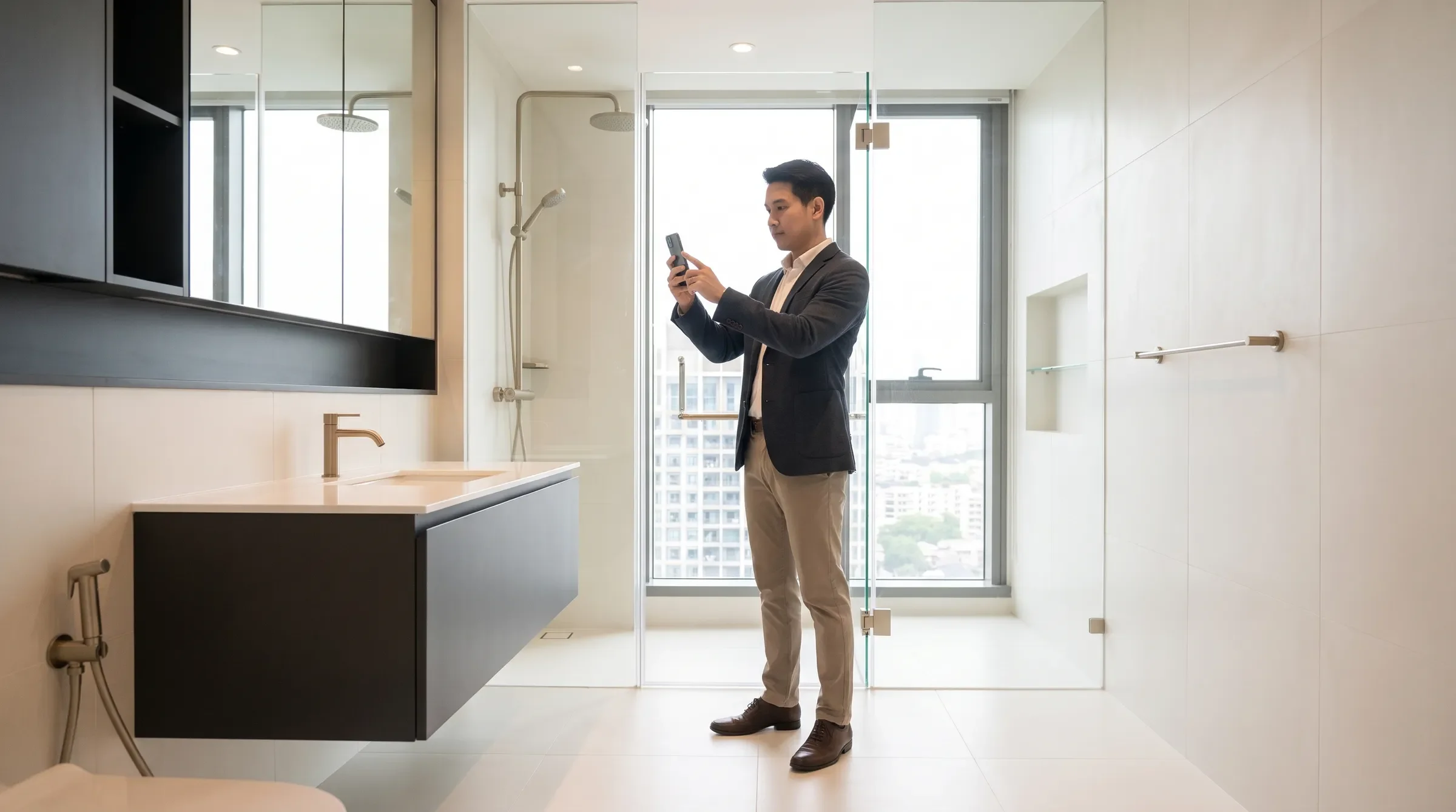 Inspector photographing a bathroom during a Bangkok condo condition check