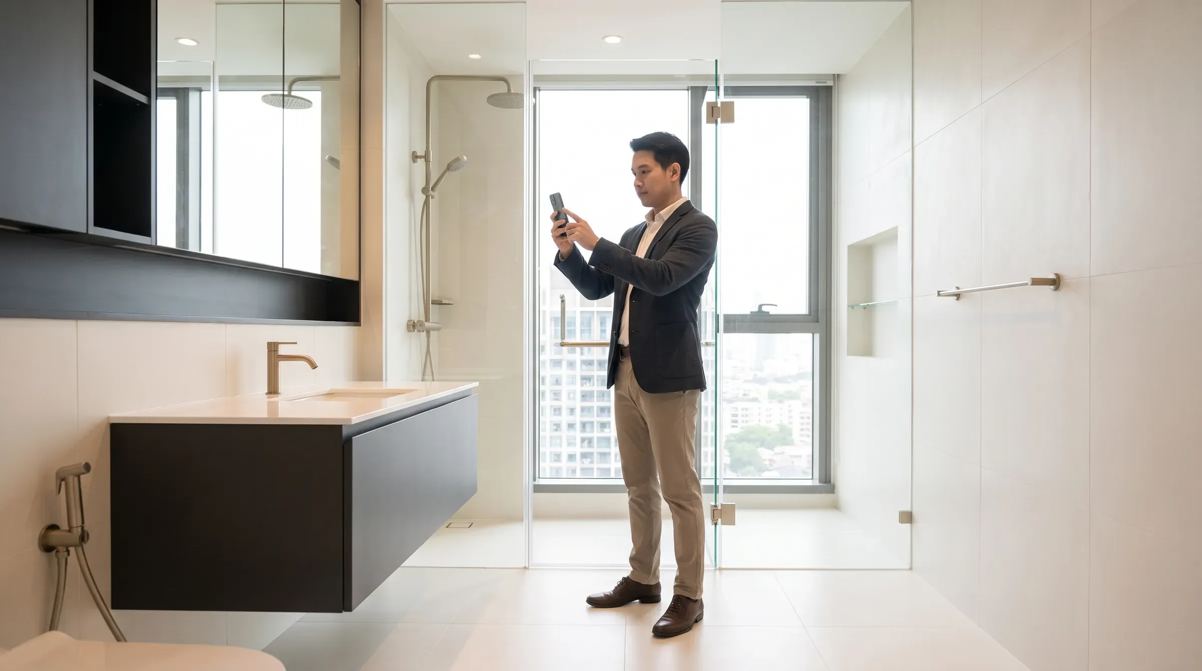 Inspector photographing a bathroom during a Bangkok condo condition check